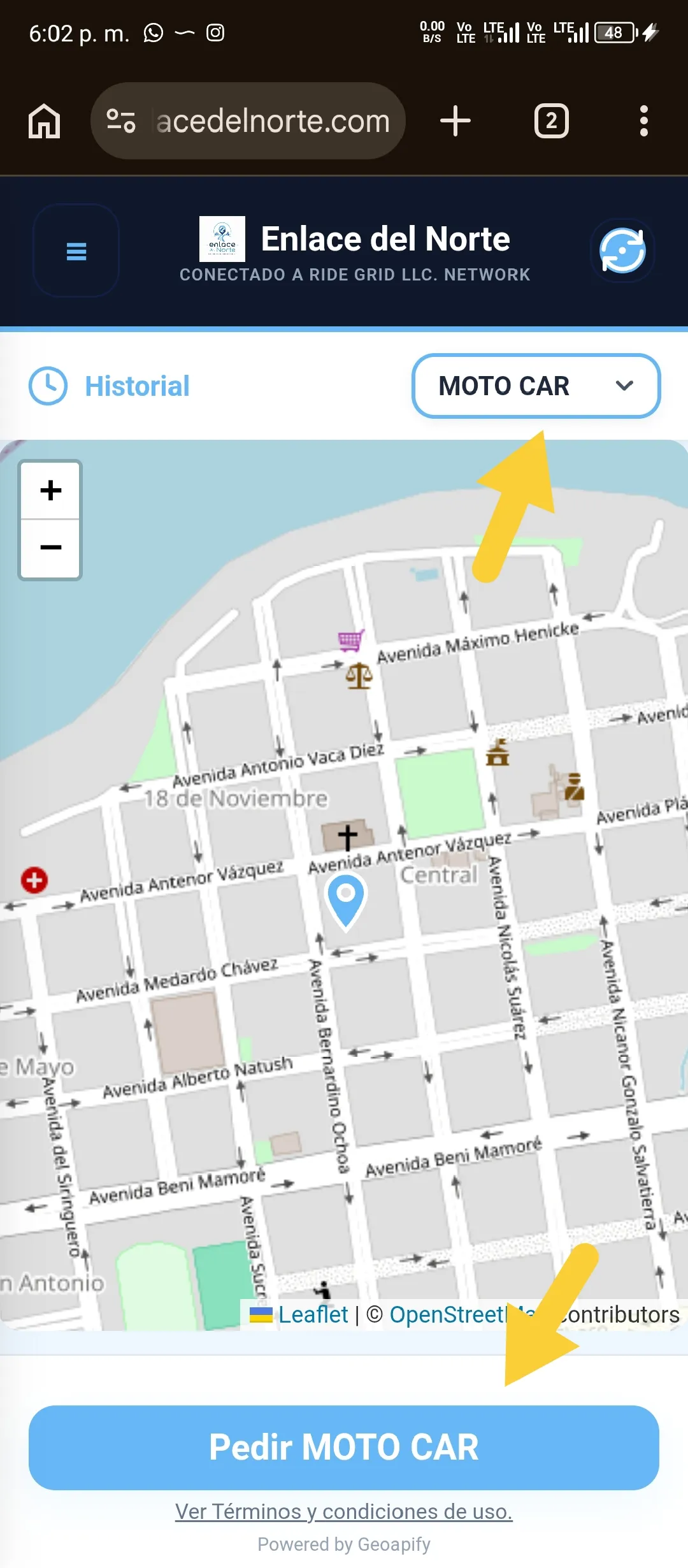 Pantalla móvil de Enlace del Norte para elegir un tipo de transporte y realizar una solicitud