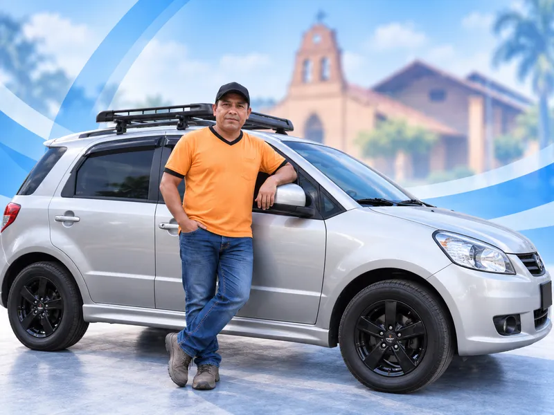 Conductor junto a un automóvil utilizado para transporte urbano