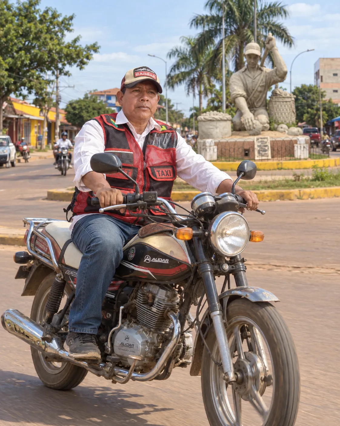 Conductor de moto taxi recorriendo una calle de Riberalta buscando pasajeros