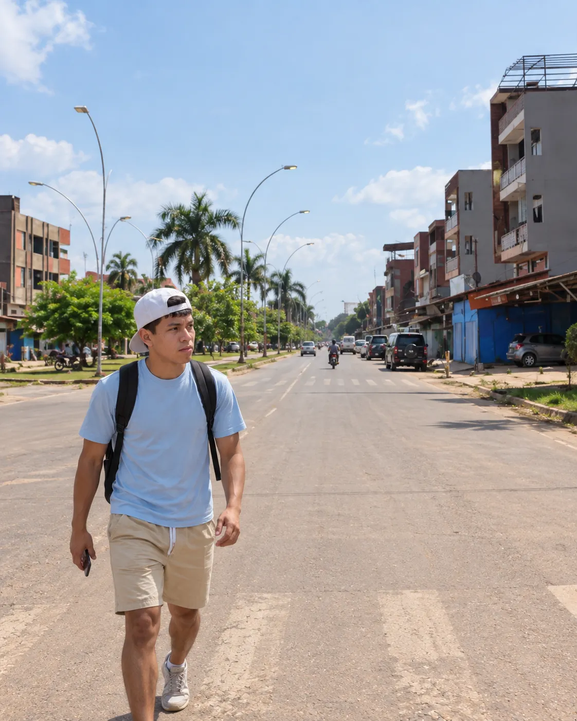 Pasajero caminando por una avenida de Riberalta buscando transporte