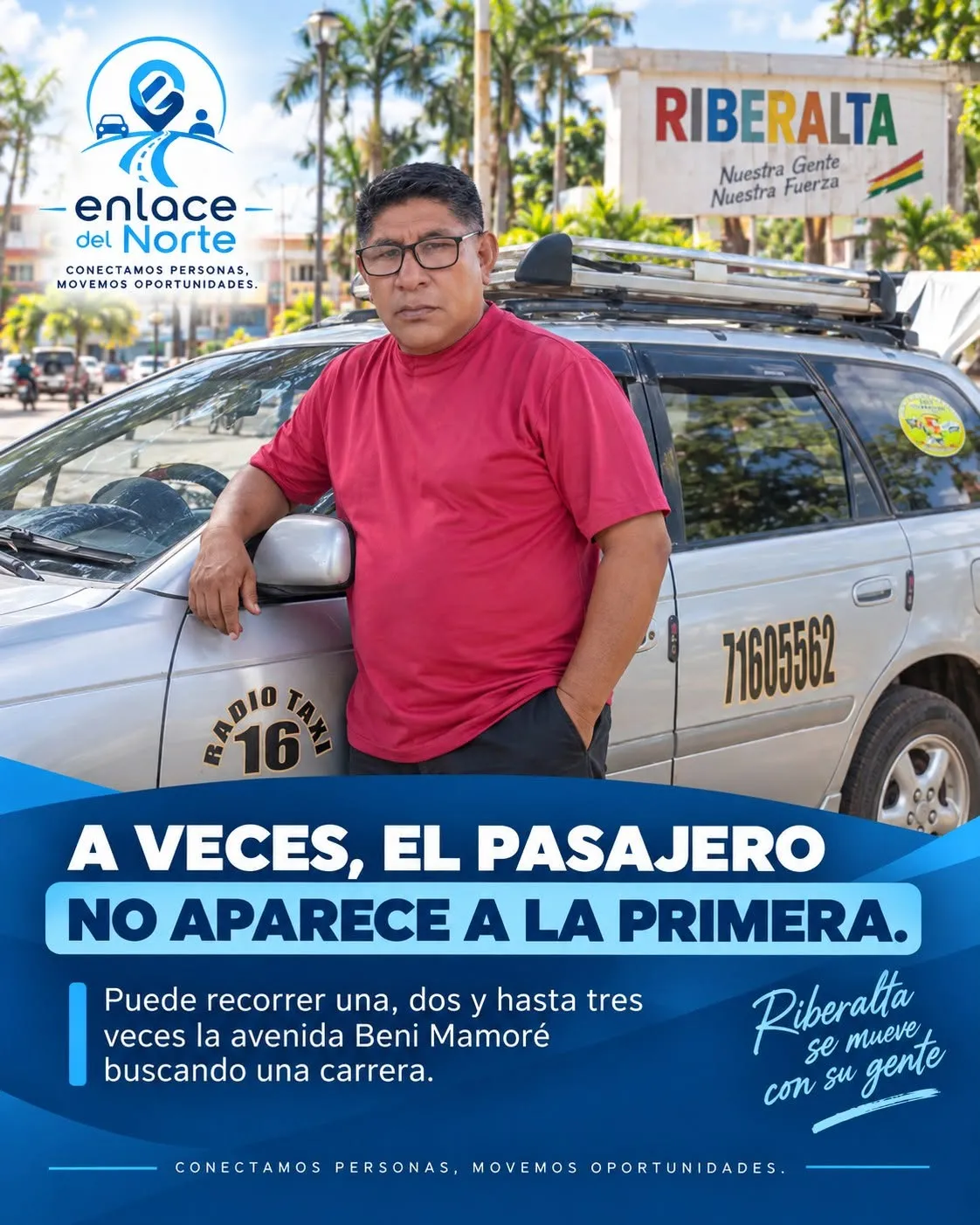 Conductor de taxi junto a su automóvil en Riberalta