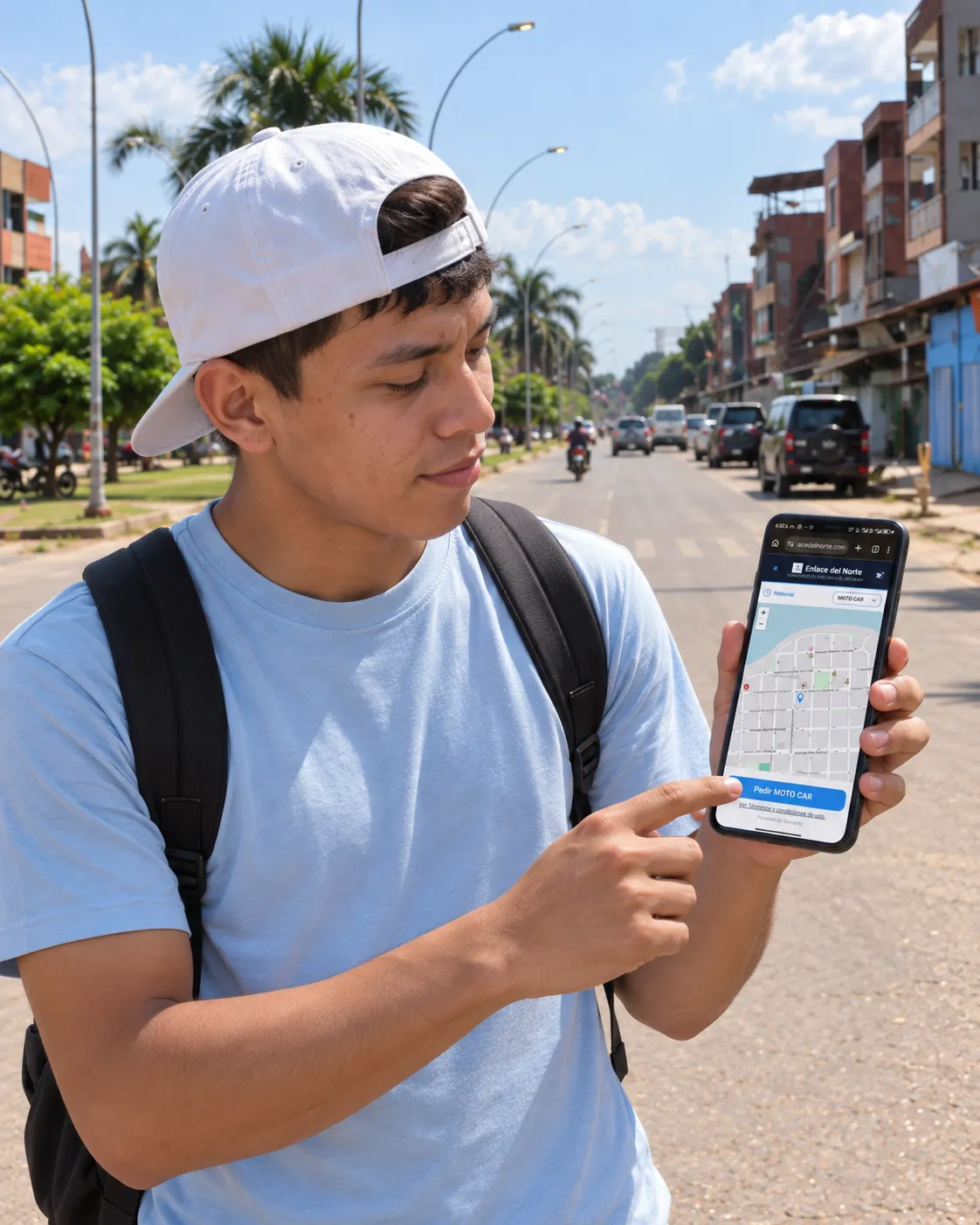 Pasajero usando su celular para solicitar transporte en Riberalta