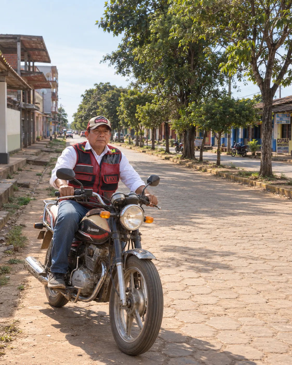 Conductor de moto taxi continuando su recorrido por una avenida de Riberalta